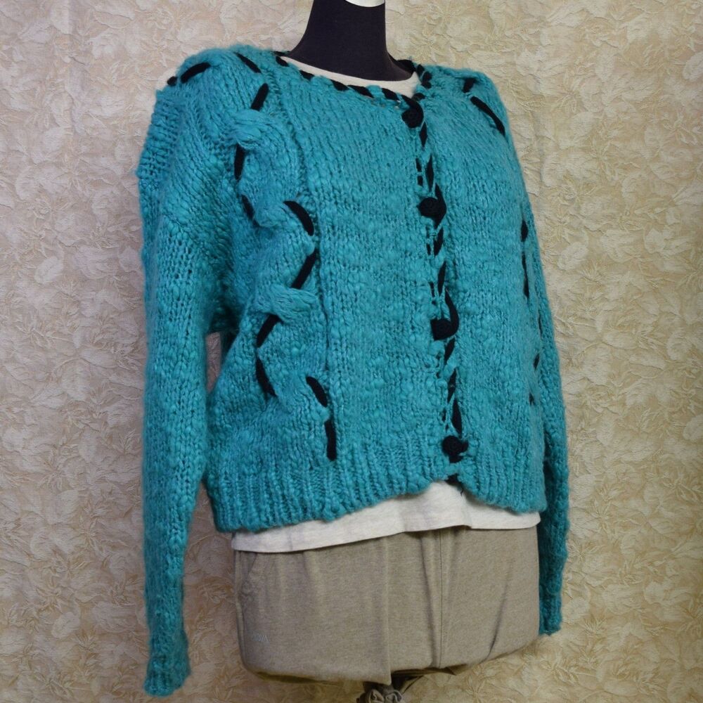 VTG 90s Sz Large Hand Knit IVY Cardi Sweater Teal Aqua Whimsical Office Cottage